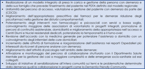 Principali obiettivi assegnati alla struttura complessa “Disturbi cognitivi e demenze”