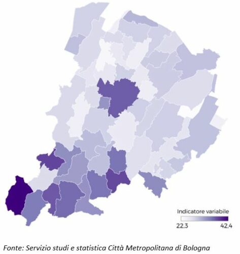 Percentuale di famiglie over 65 unipersonali sulla popolazione residente al 31.12.2020 nell’area metropolitana bolognese