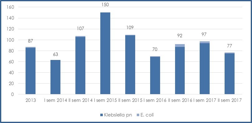 Numero di batteriemie da Klebsiella pneumonieae ed Escherichia coli produttori di carbapenemasi notificate in Liguria tra il 2013 ed il 2017