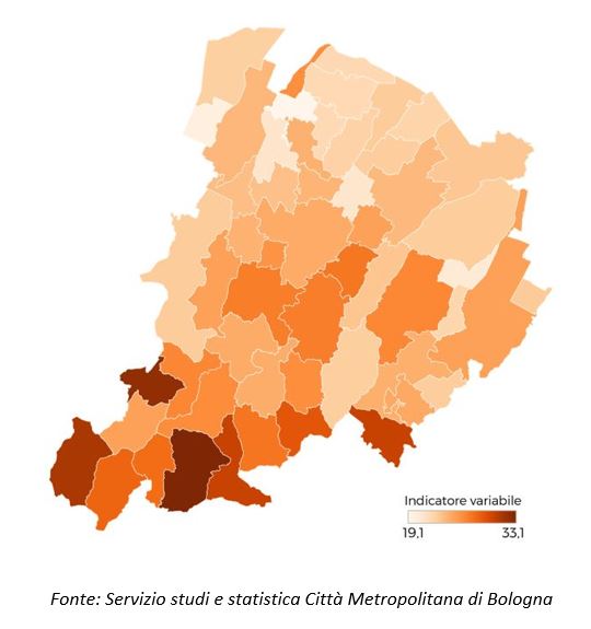 Percentuale della popolazione over 65 sulla popolazione residente al 31.12.2020 nell'Area Metropolitana Bolognese.