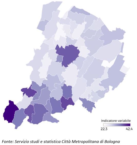 Percentuale di famiglie over 65 unipersonali sulla popolazione residente al 31.12.2020 nell’area metropolitana bolognese