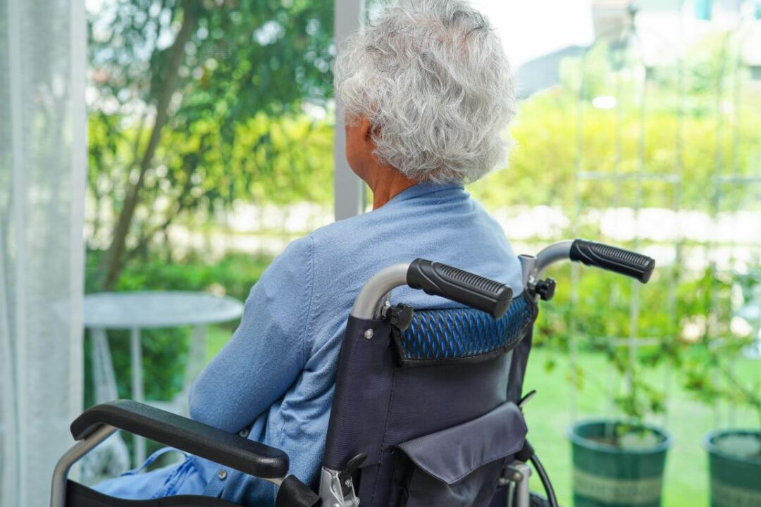 Asian Elderly Woman Disability Patient Sitting Electric Wheelchair Park Medical Concept