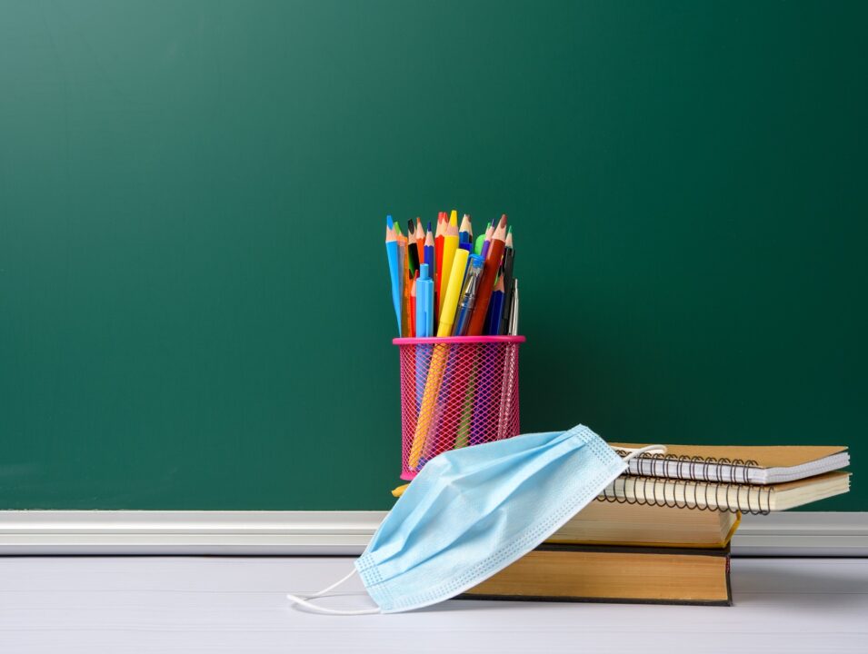 Disposable Medical Mask, Stack Of Books And School Stationery On
