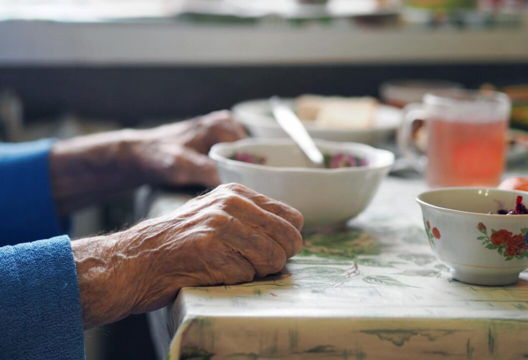 Close Up Senile Sinewy Hands Dinner Table