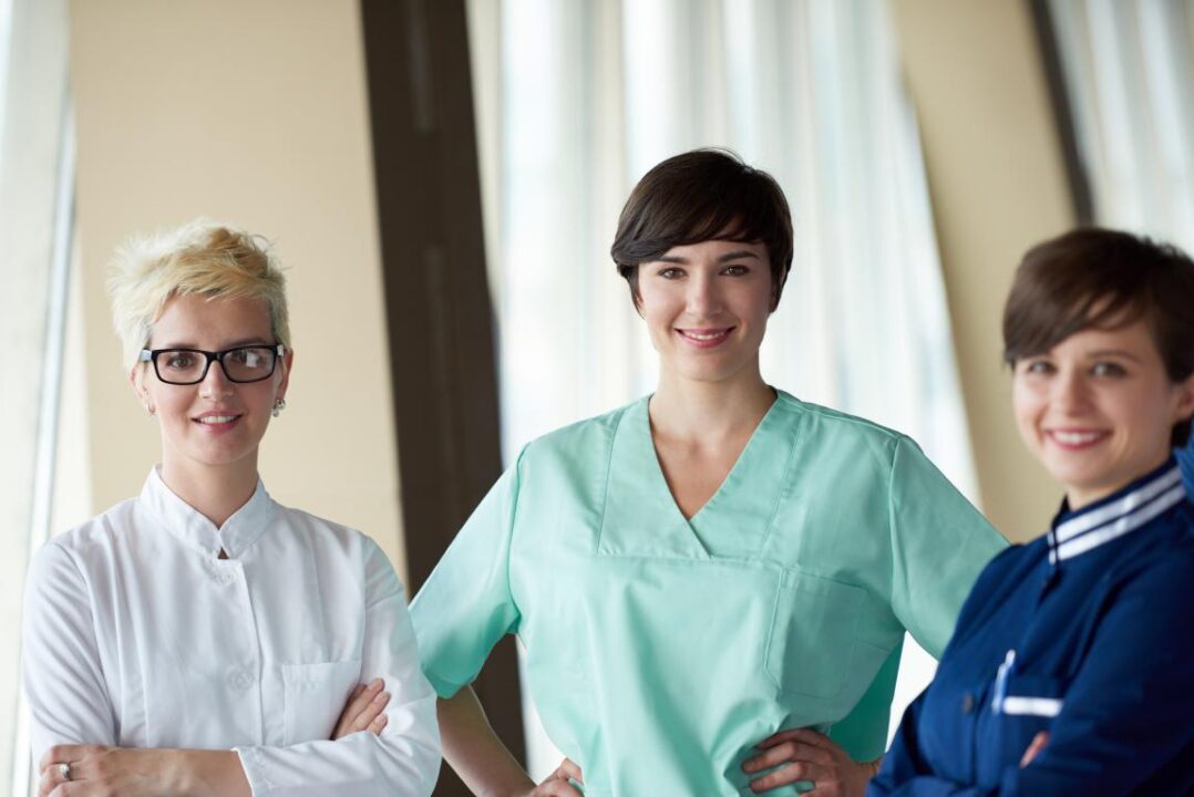 Doctors Team Walking Modern Hospital Corridor Indoors Poeople Group