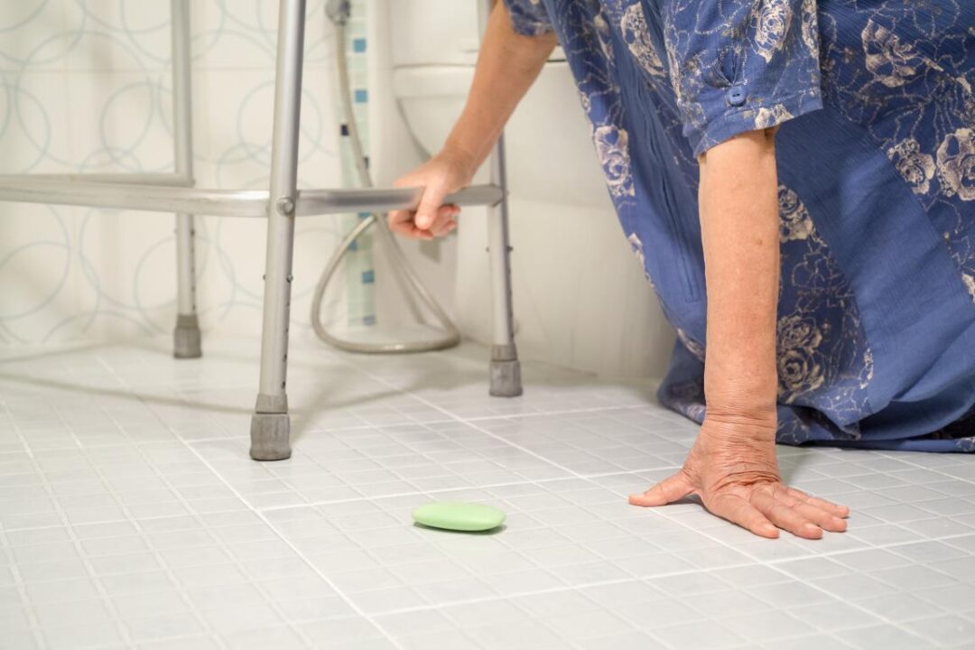 Elderly Woman Falling In Bathroom Because Slippery Surfaces