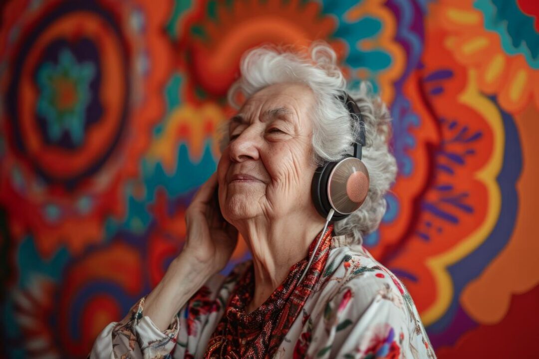 Elderly Woman With Vibrant Style Enjoying Music With Headphones Lively Backdrop