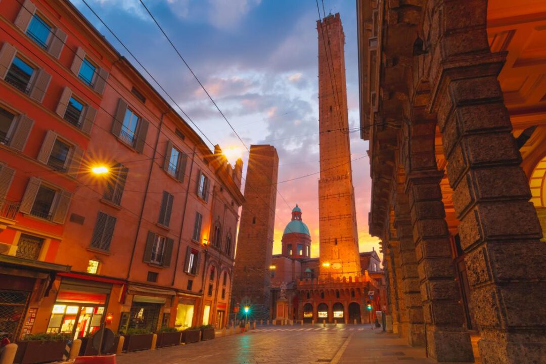 Famous Two Towers Of Bologna At Sunrise Italy
