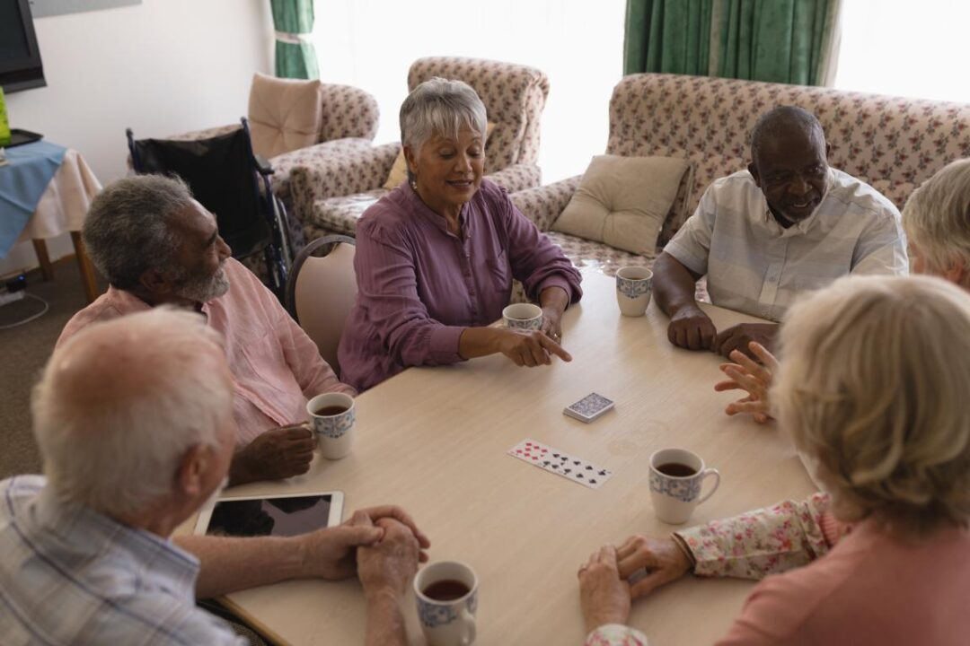 Group Senior People Playing Cards Living Room
