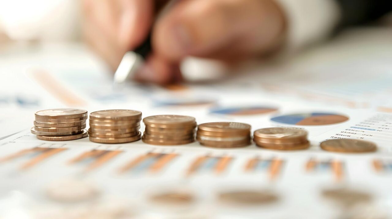 Man Is Writing Table With Stacks Coins Pen His Hand