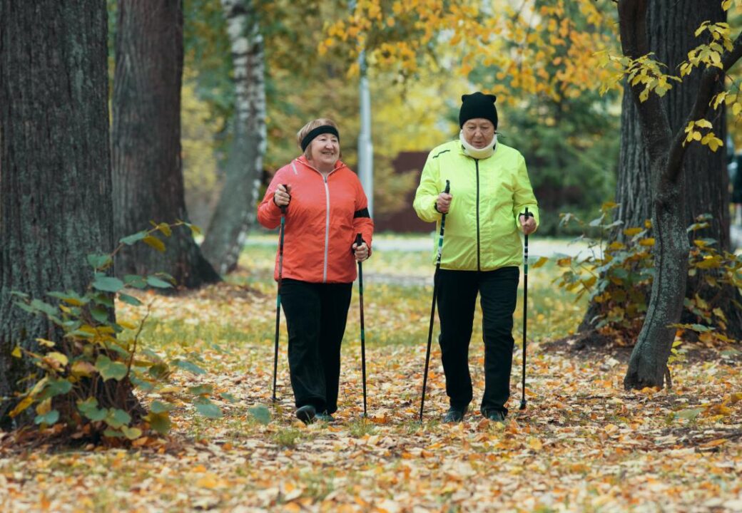 Mature Women Walking Autumn Park Scandinavian Walk