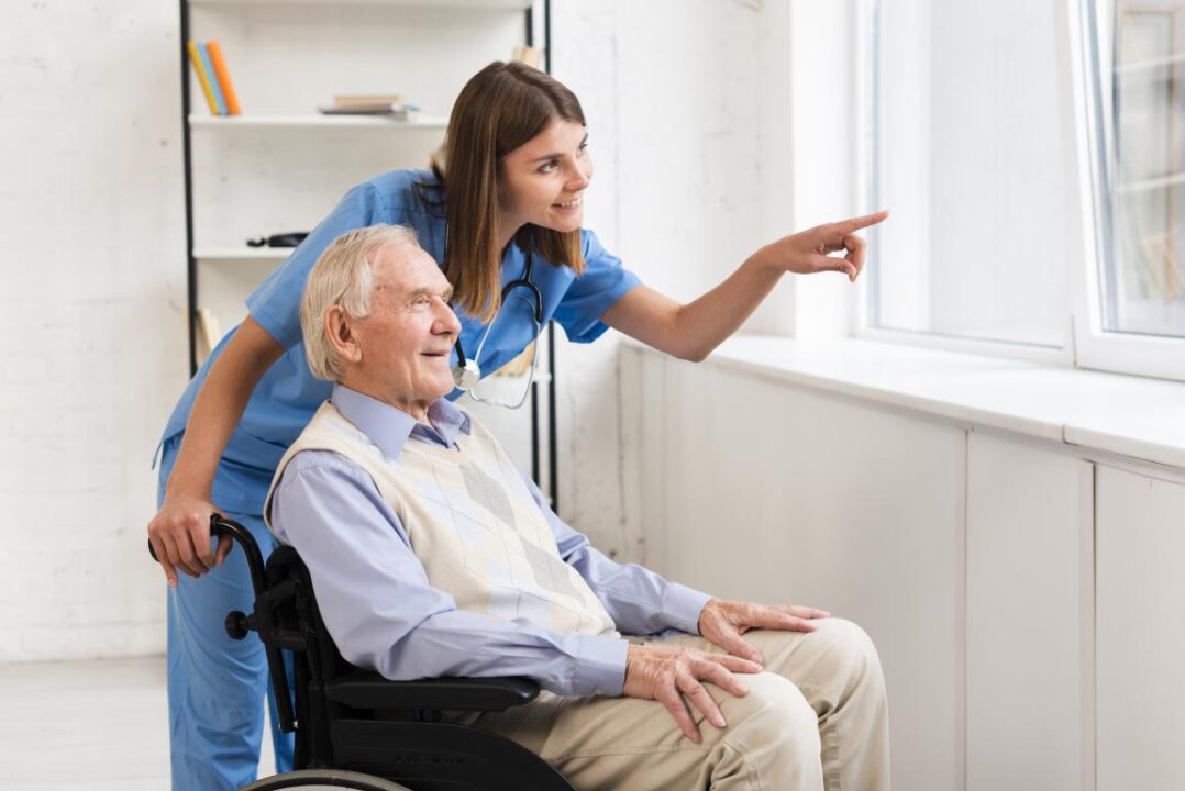 Nurse Pointing Window While Talking Old Man