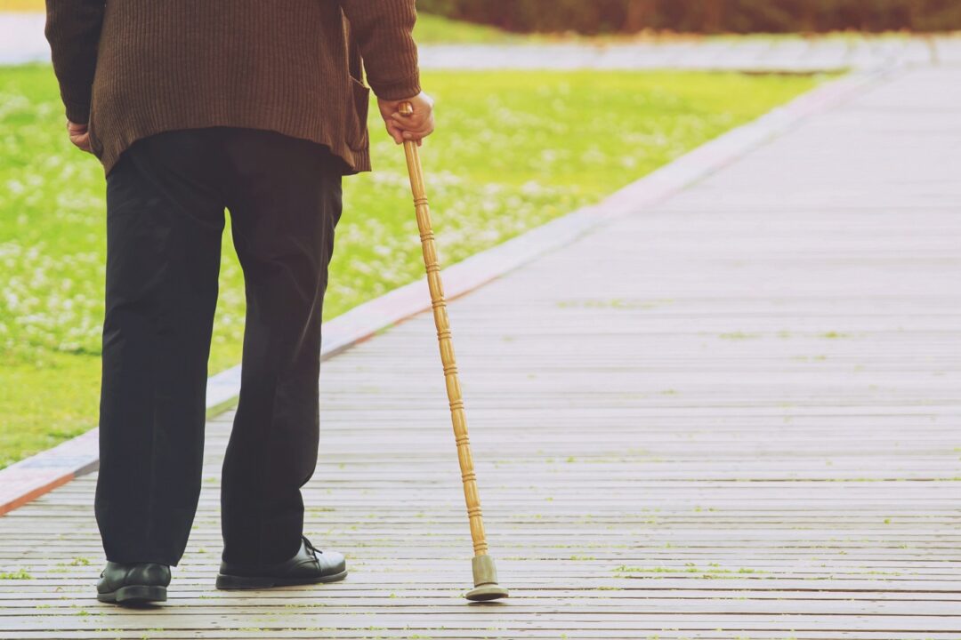 Elderly Old Man With Walking Stick Stand On Footpath Sidewalk Cr