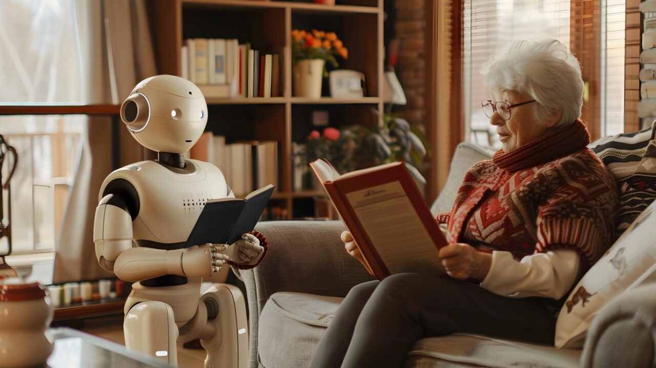 Robot Companion Assisting Elderly With Reading Cozy Living Room